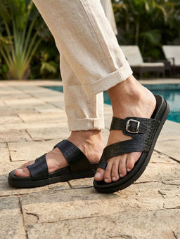 Carlton London - Texture Casual Flat Slides Sandals With Buckle Detail