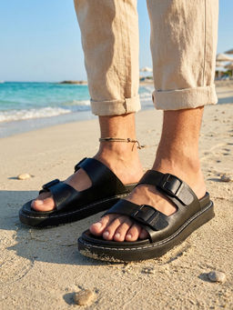 Carlton London - Double-Strap Slip-On Slide Sandals With Decorative Stitching