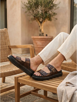 Carlton London - Double-Strap Slip-On Slide Sandals With Decorative Stitching