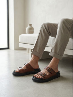 Carlton London - Double-Strap Slip-On Slide Sandals With Decorative Stitching