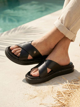 Carlton London - Textured Cross-Strap Slide Sandals With Stud Detail