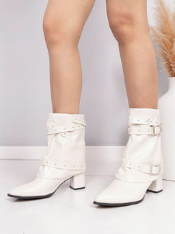 Truffle Collection - Off White Solid Buckle Boots