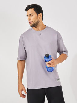 Styli - Grey Cotton Rich V Neck Logo Insert Oversized Athleisure T-Shirt