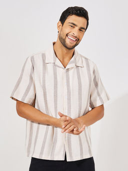 Styli - Beige Striped Cotton Dobby Resort Collar Relaxed Fit Shirt