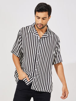 Styli - Black Striped Resort Collar Relaxed Fit Shirt