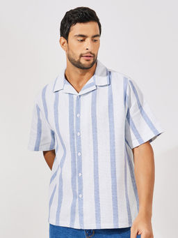 Styli - Blue Striped Cotton Dobby Resort Collar Relaxed Fit Shirt