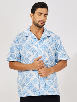 Styli - Blue All Over Print Double Cloth Resort Collar Relaxed Fit Shirt