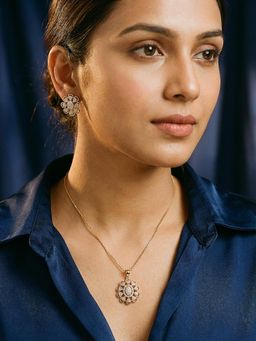 Saraf RS Jewellery - Gold Plated White Zircon Studded Floral Minimal Drop Jewellery Set