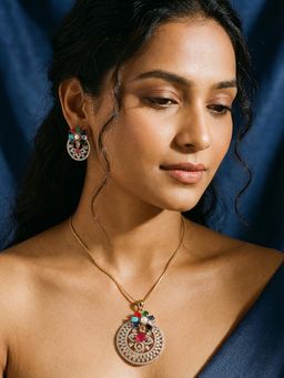 Saraf RS Jewellery - Gold Plated Nav Ratna Cubic Zirconia Stones Studded Circular Jewellery Set