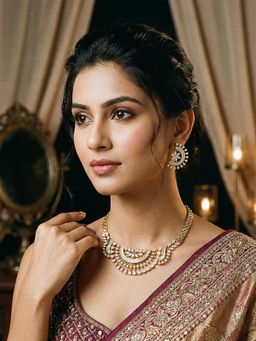 Saraf RS Jewellery - Gold Toned White Ad Zircon Studded Long Haram Chain Jewellery Set