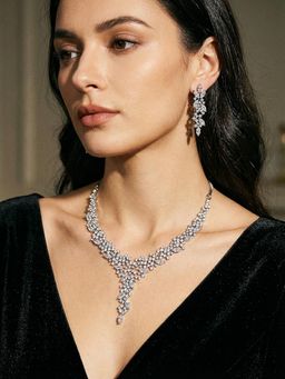 Saraf RS Jewellery - Silver Toned White Ad Zircon Statement Cocktail Jewellery Set