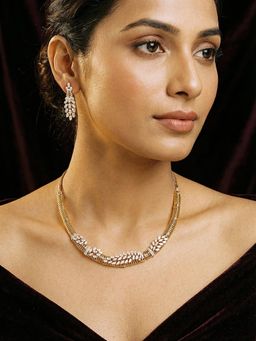 Saraf RS Jewellery - Gold Plated Cz Leaf Motif Delicate Jewellery Set