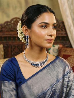 Saraf RS Jewellery - Silver Toned Sapphire Blue and White Ad Statement Choker Jewellery Set