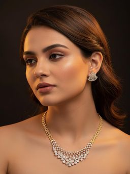 Saraf RS Jewellery - Gold Plated White Ad Zircon Studded Long Haram Chain Jewellery Set