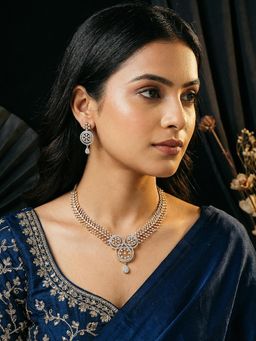 Saraf RS Jewellery - Gold Toned White Ad Zircon Studded Floral Statement Jewellery Set