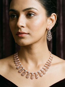 Saraf RS Jewellery - Rose Gold Plated White Ad Zircon Studded Elegant Jewellery Set