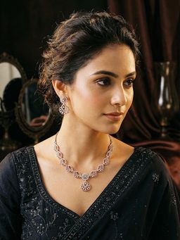 Saraf RS Jewellery - Gold Toned White Ad Zircon Studded Contemporary Jewellery Set