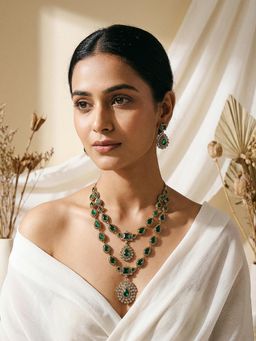 Saraf RS Jewellery - Antique Gold Polish Emerald Green Layered Bridal Statement Jewellery Set