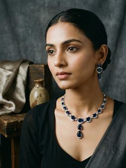 Saraf RS Jewellery - Silver Plated Sapphire Blue & White Ad Zircon Studded Statement Jewellery Set