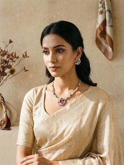 Saraf RS Jewellery - Gold Plated Nav Ratna Zircon Studded Temple Minimal Jewellery Set