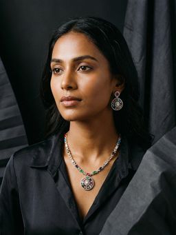 Saraf RS Jewellery - Gold Plated Nav Ratna Zircon Studded Temple Jewellery Set