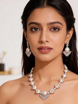 Saraf RS Jewellery - Silver Plated Ad and Pearl Studded Designer Cocktail Jewellery Set