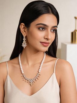 Saraf RS Jewellery - Gold Plated Ad Zircon Studded Pearl Maala Luxe Jewellery Set