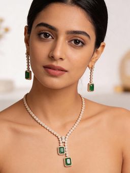 Saraf RS Jewellery - Rose Gold Plated Green Emerald & White Ad Studded Luxe Dropdown Jewellery Set