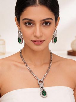 Saraf RS Jewellery - Silver Plated Emerald Green and White Ad Studded Cocktail Link Jewellery Set
