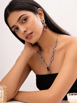 Saraf RS Jewellery - Silver Plated Ruby Red and White Ad Studded Cocktail Link Jewellery Set