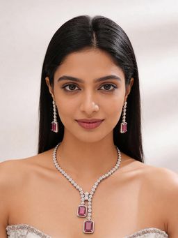 Saraf RS Jewellery - Silver Toned Ruby Red & White Ad Zircon Studded Dangling Cocktail Jewellery Set