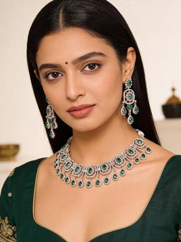 Saraf RS Jewellery - Silver Plated Emerald Green and White Ad Studded Luxe Choker Jewellery Set