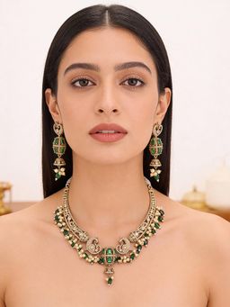 Saraf RS Jewellery - Antique Green Emerald and White Ad Temple Peacock Motif Choker Jewellery Set