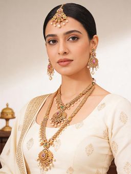 Saraf RS Jewellery - Gold Plated and White Ad and Pearl Studded Temple Peacock Bridal Jewellery Set