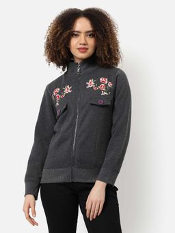 Campus Sutra - Dark Grey Embroidered Zipper Sweatshirt