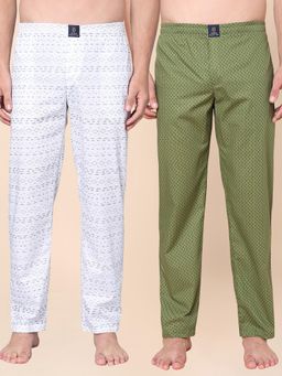 Urban Scottish - Men White and Green Cotton Printed Lounge Pants (Pack Of 2)