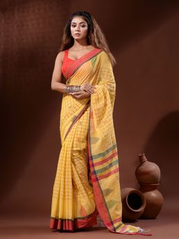 CHARUKRITI - Yellow Cotton Handspun Handwoven Saree with Checkered Design with Unstitched Blouse