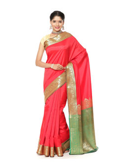 Banarasi Silk Works - Red Valkalam Katan Silk Anchal Saree with Unstitched Blouse