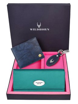 WILDHORN - Premium Leather Ladies Wallet, Mens Wallet and Keychain Gift -1K_TE_2052BLV_K (Set of 3)
