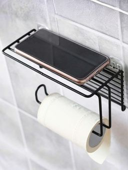 Plantex - GI Steel Self Adhesive Toilet Paper Holder with Mobile Stand (Black)