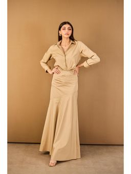Urban Suburban - Beige Poplin Flared Solid Maxi Dress