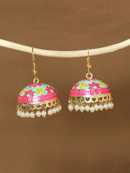 OOMPH - Turquoise Blue & Pink Floral Meenakari Ethnic Jhumka Earrings