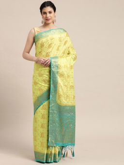 Mimosa - Women's Kanjivaram Crepe Green Saree with Unstitched Blouse