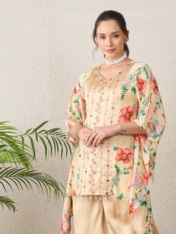 First Resort by Ramola Bachchan - Women Polyester Satin Floral Beige Top