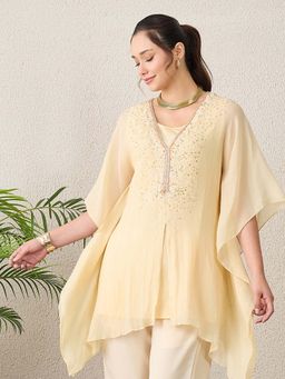 First Resort by Ramola Bachchan - Women Silk Embellished Cream Top