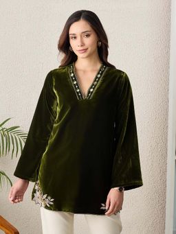 First Resort by Ramola Bachchan - Women Velvet Embroidered Olive Top