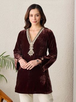 First Resort by Ramola Bachchan - Women Velvet Embroidered Brown Top