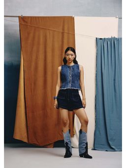quietBold - Corset Edge Denim Round Neck Top