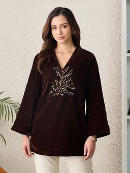 First Resort by Ramola Bachchan - Women Velvet Solid Brown Top