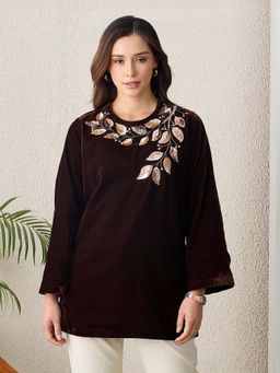 First Resort by Ramola Bachchan - Women Velvet Embroidered Brown Top